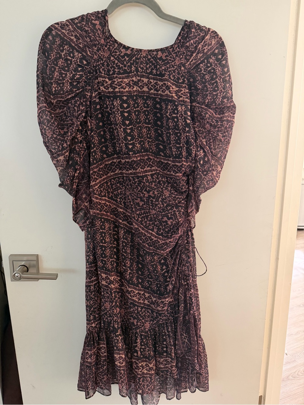 Ulla Johnson Silk Midi Dress in Black and neutral pattern